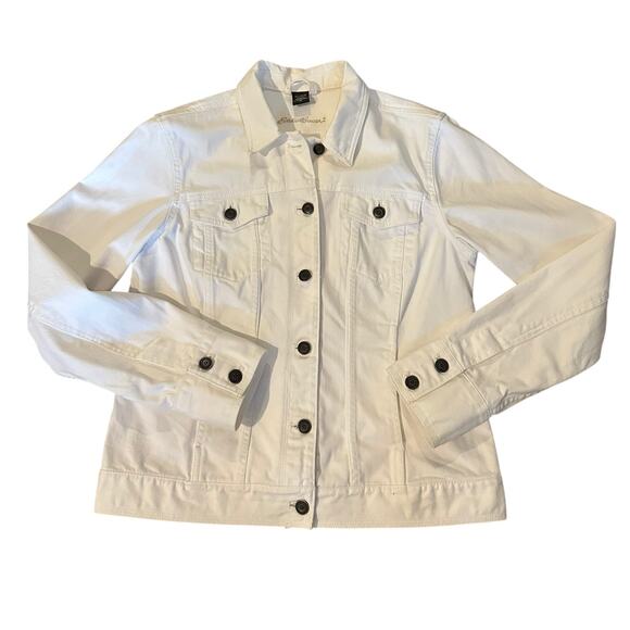 EUC Eddie Bauer White Denim Jacket Size M ClassicLayering Minimalist Y2KStyle - Picture 1 of 5